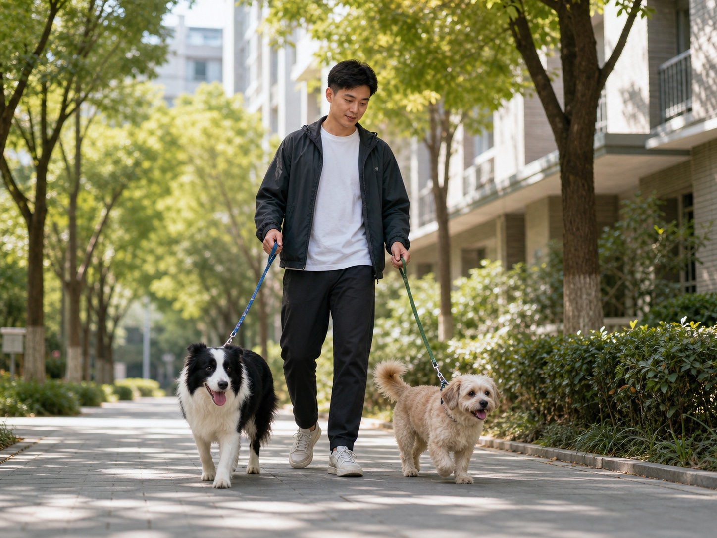 照护者陪伴犬只户外散步的 AI 场景示意
