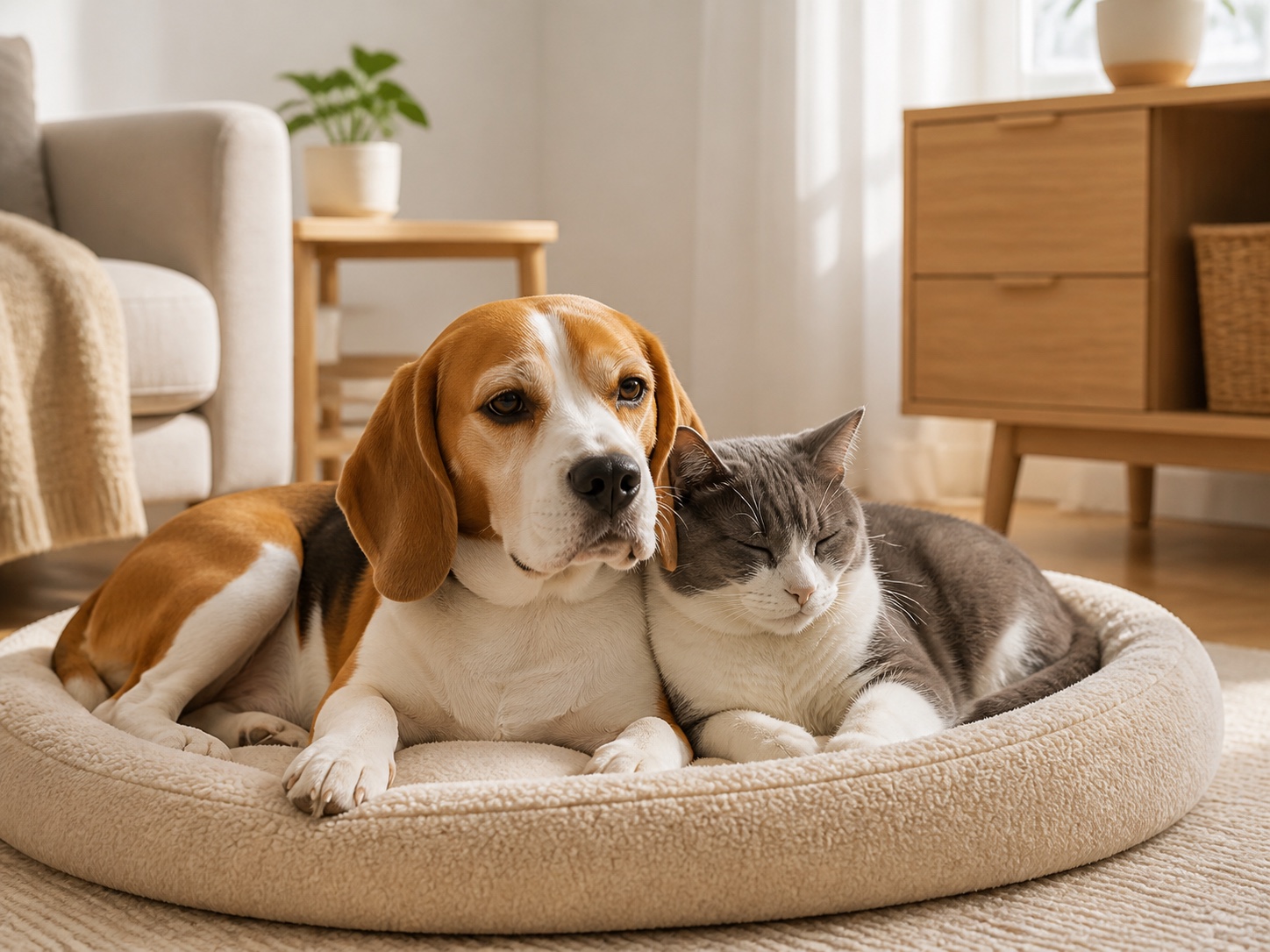 犬猫在舒适家庭环境中安静相处的日托 AI 场景示意