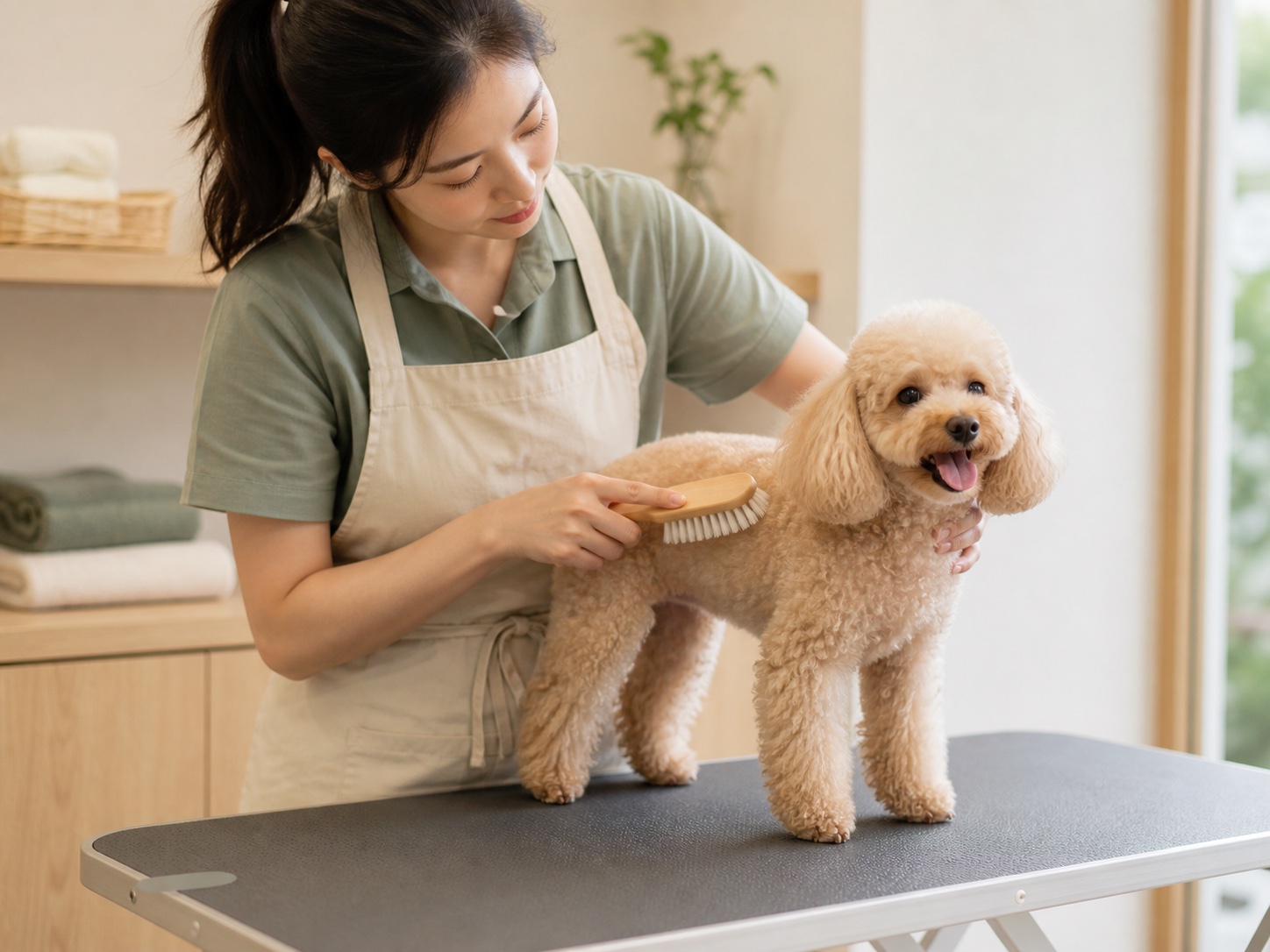 小型犬接受温和梳理洗护的 AI 场景示意