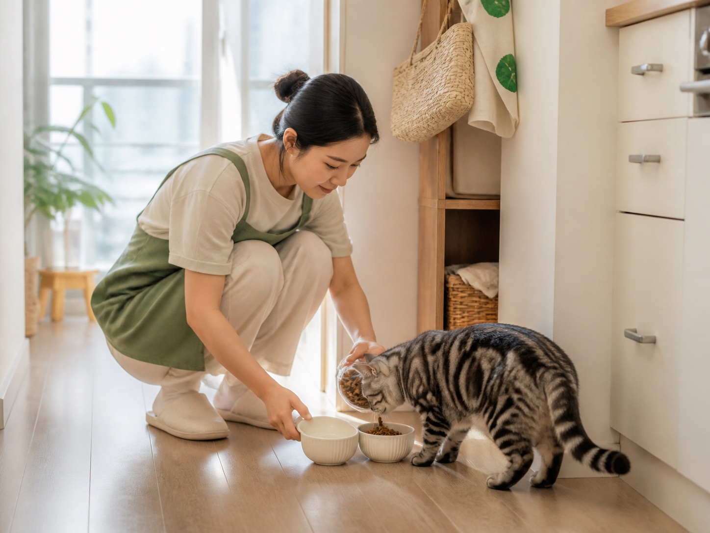 照护者上门为猫咪喂食的 AI 场景示意