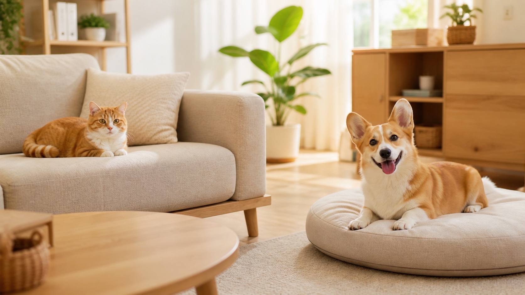 犬猫在家庭环境中接受寄养照护的 AI 场景示意
